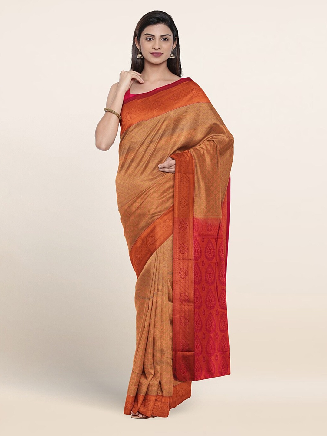 

Pothys Ethnic Motif Woven Design Zari Border Saree, Tan