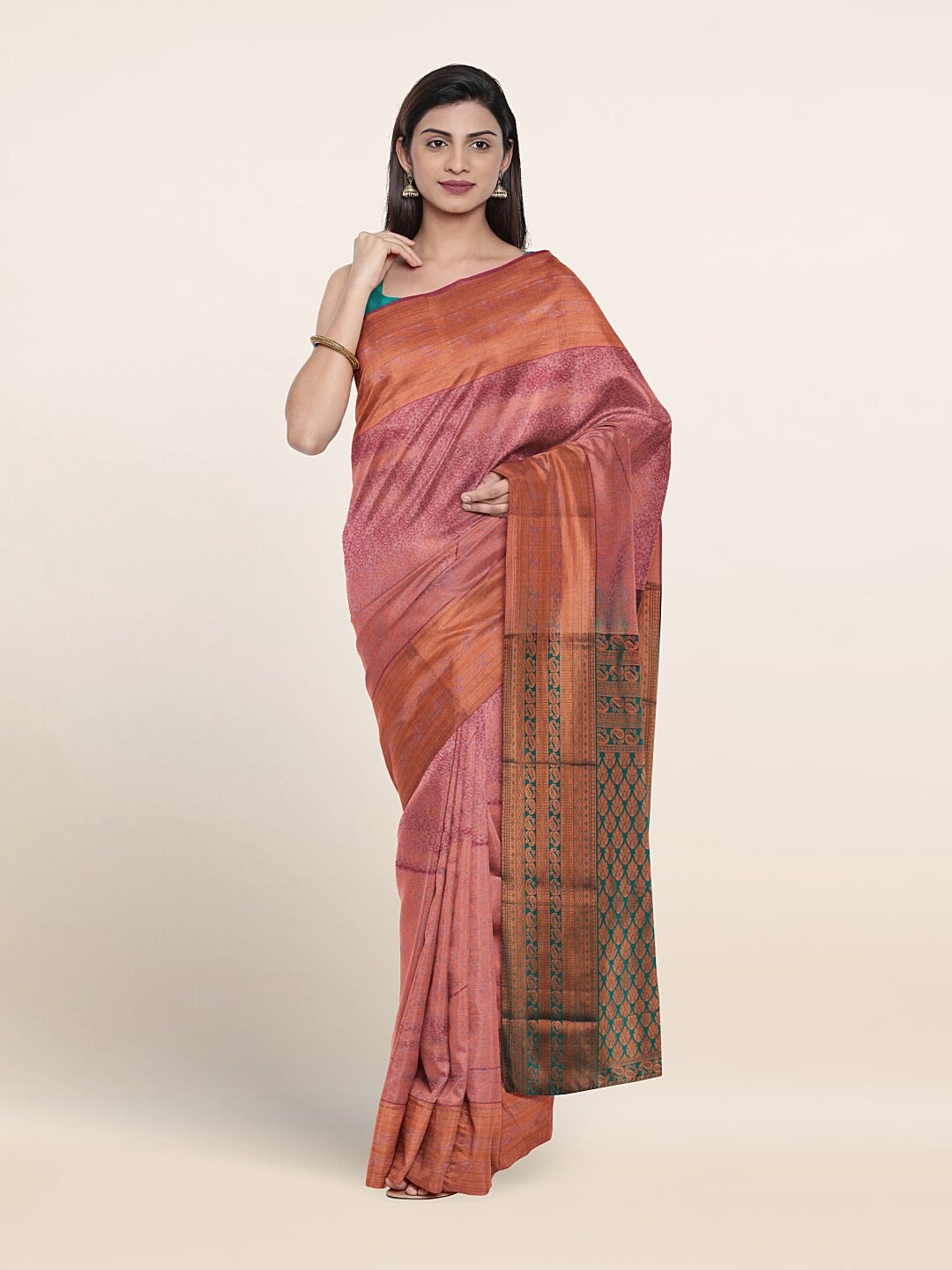 

Pothys Ethnic Motif Woven Design Zari Border Saree, Peach