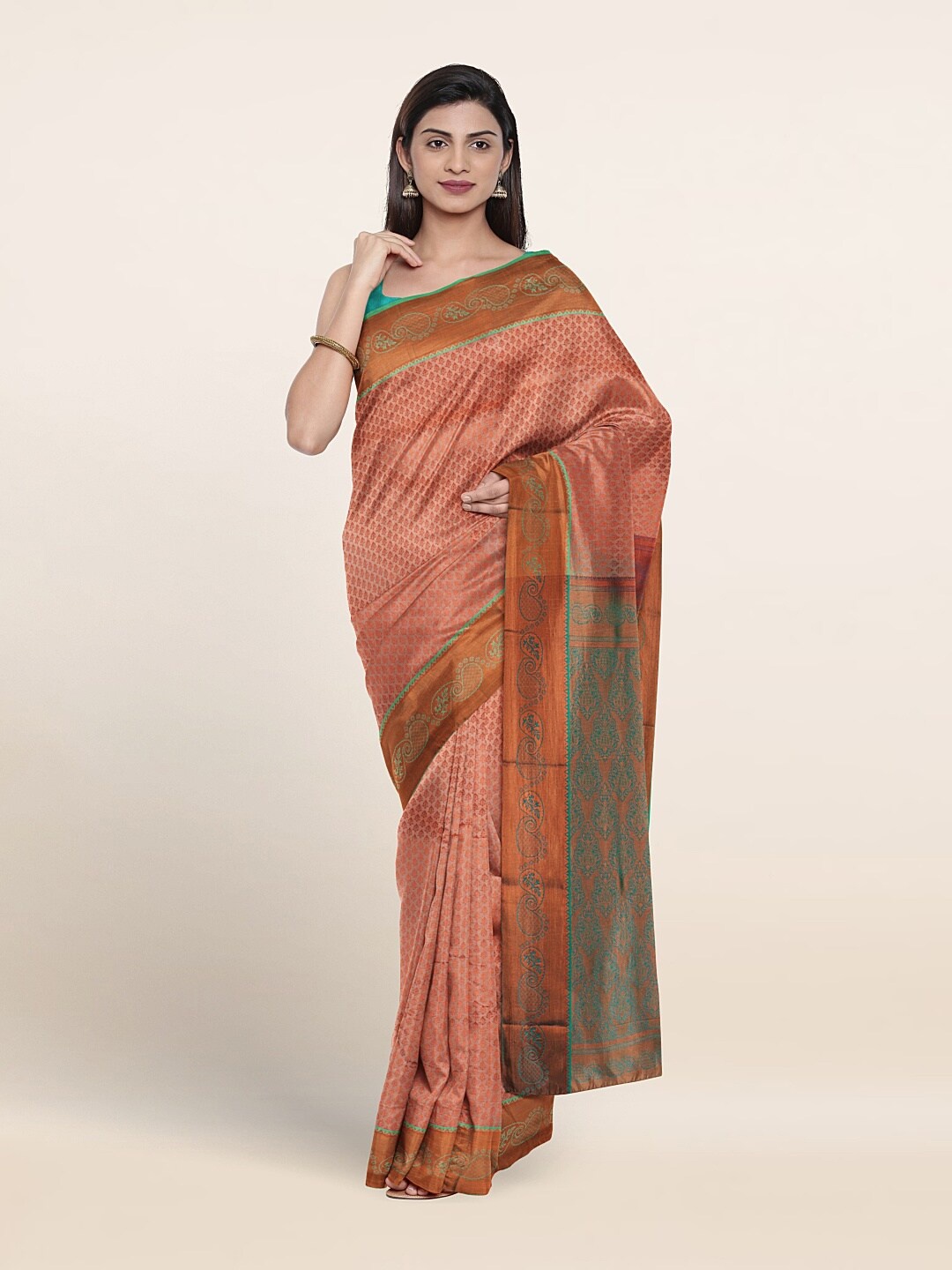 

Pothys Ethnic Motif Woven Design Zari Border Saree, Peach