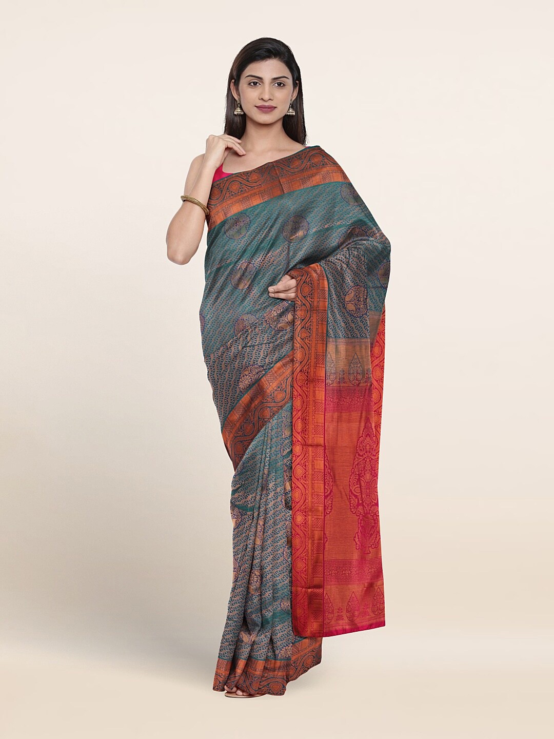 

Pothys Ethnic Motif Woven Design Zari Border Saree, Green