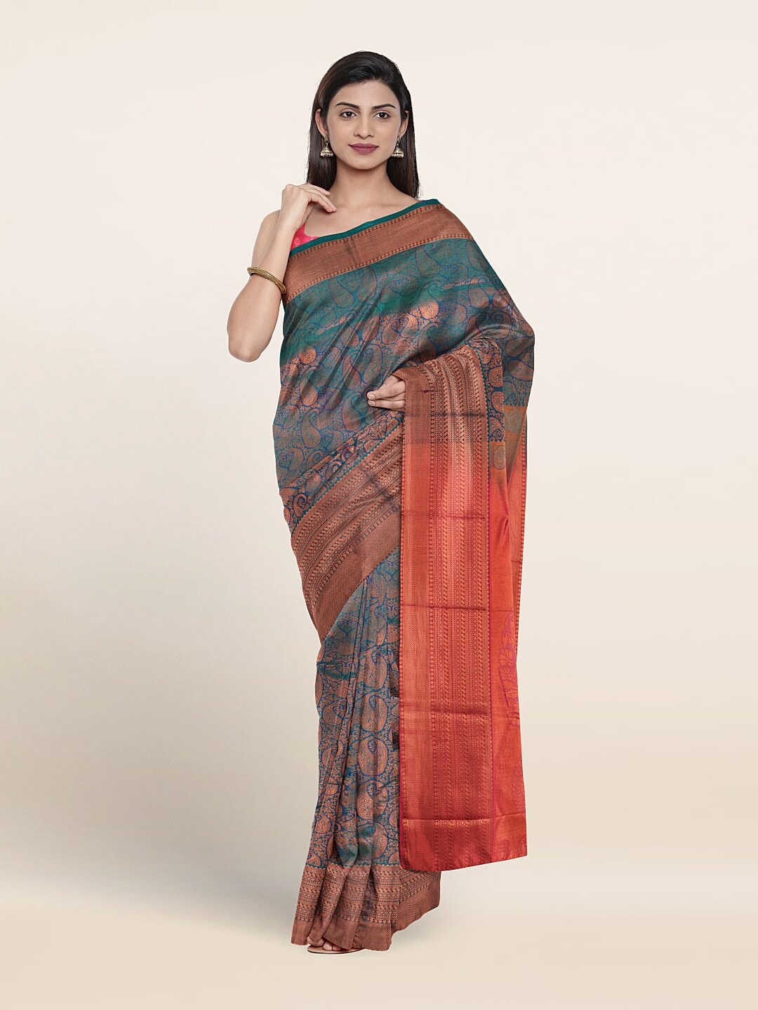 

Pothys Paisley Woven Design Art Silk Saree, Teal