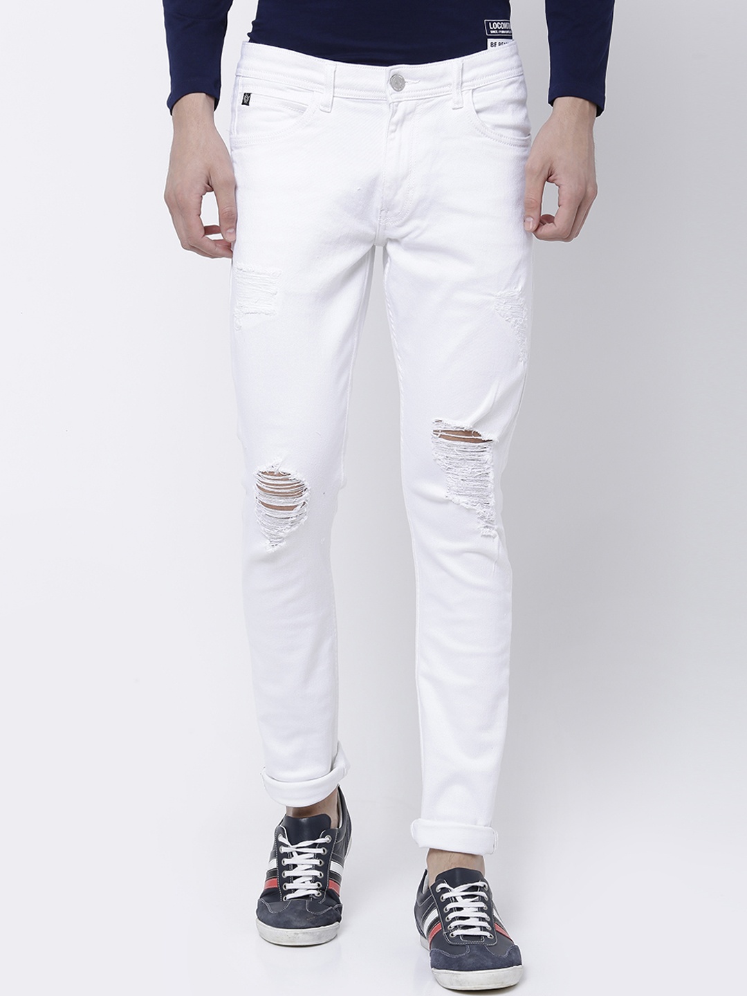 

LOCOMOTIVE Men White Regular Fit Mid-Rise Mildly Distressed Stretchable Jeans