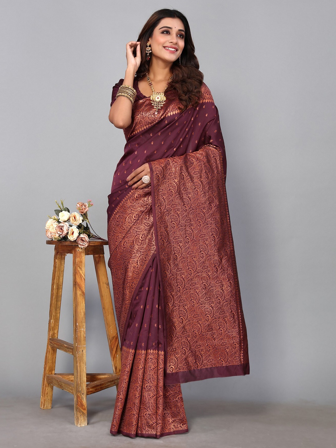 

KALINI Woven Design Zari Silk Blend Saree, Purple