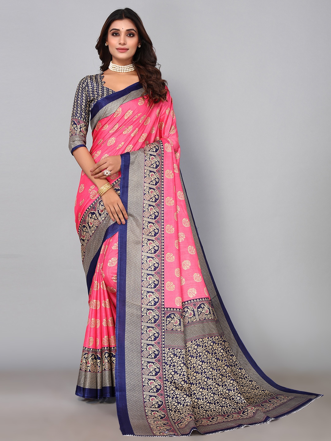 

KALINI Floral Art Silk Saree, Peach