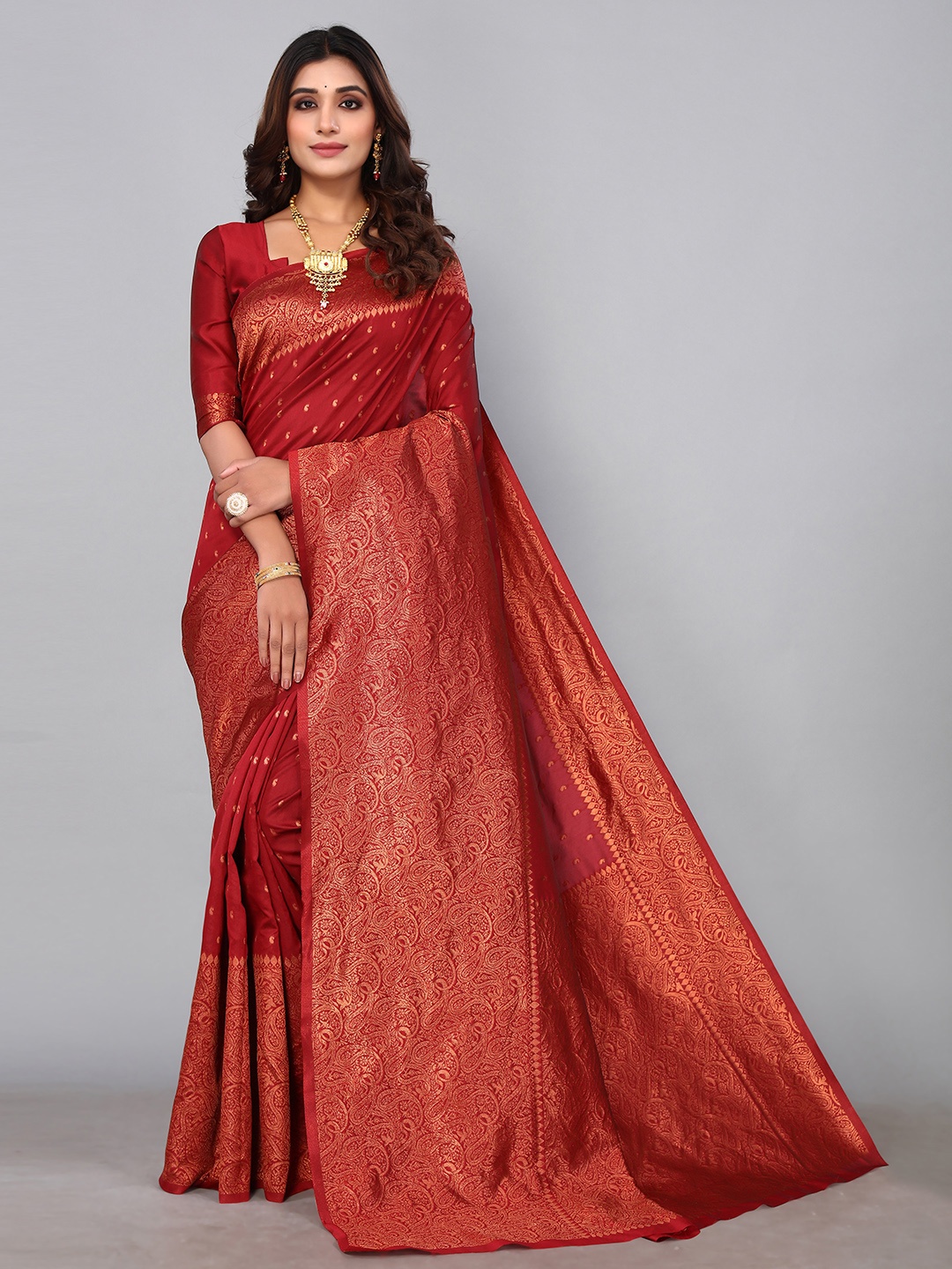 

KALINI Woven Design Zari Silk Blend Saree, Red