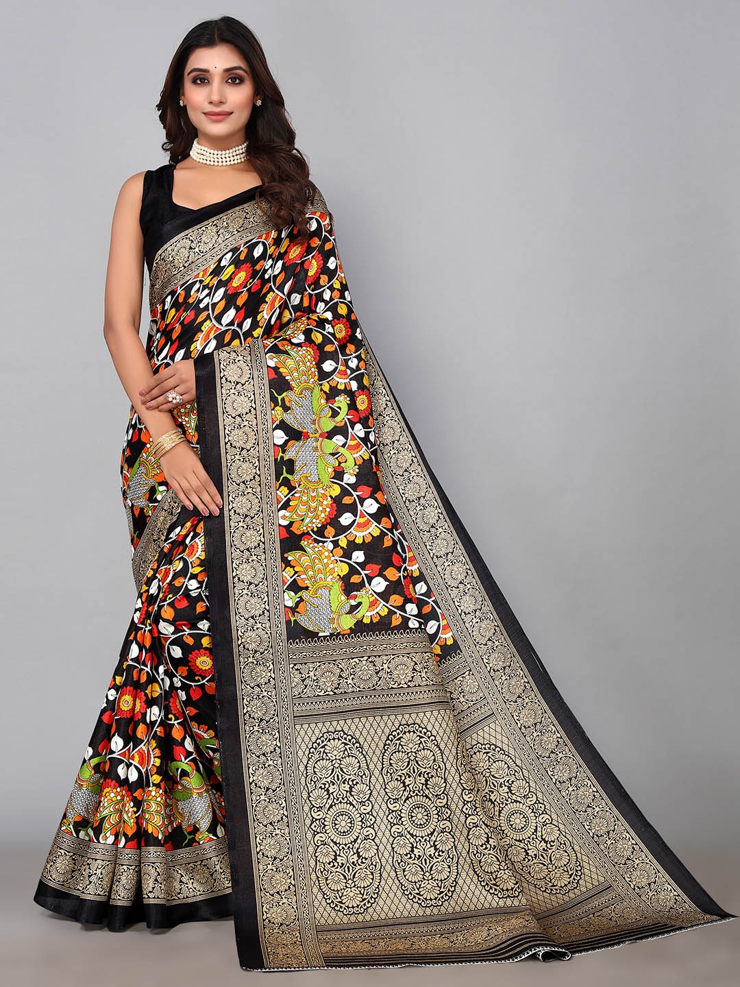 

KALINI Kalamkari Zari Art Silk Saree, Black