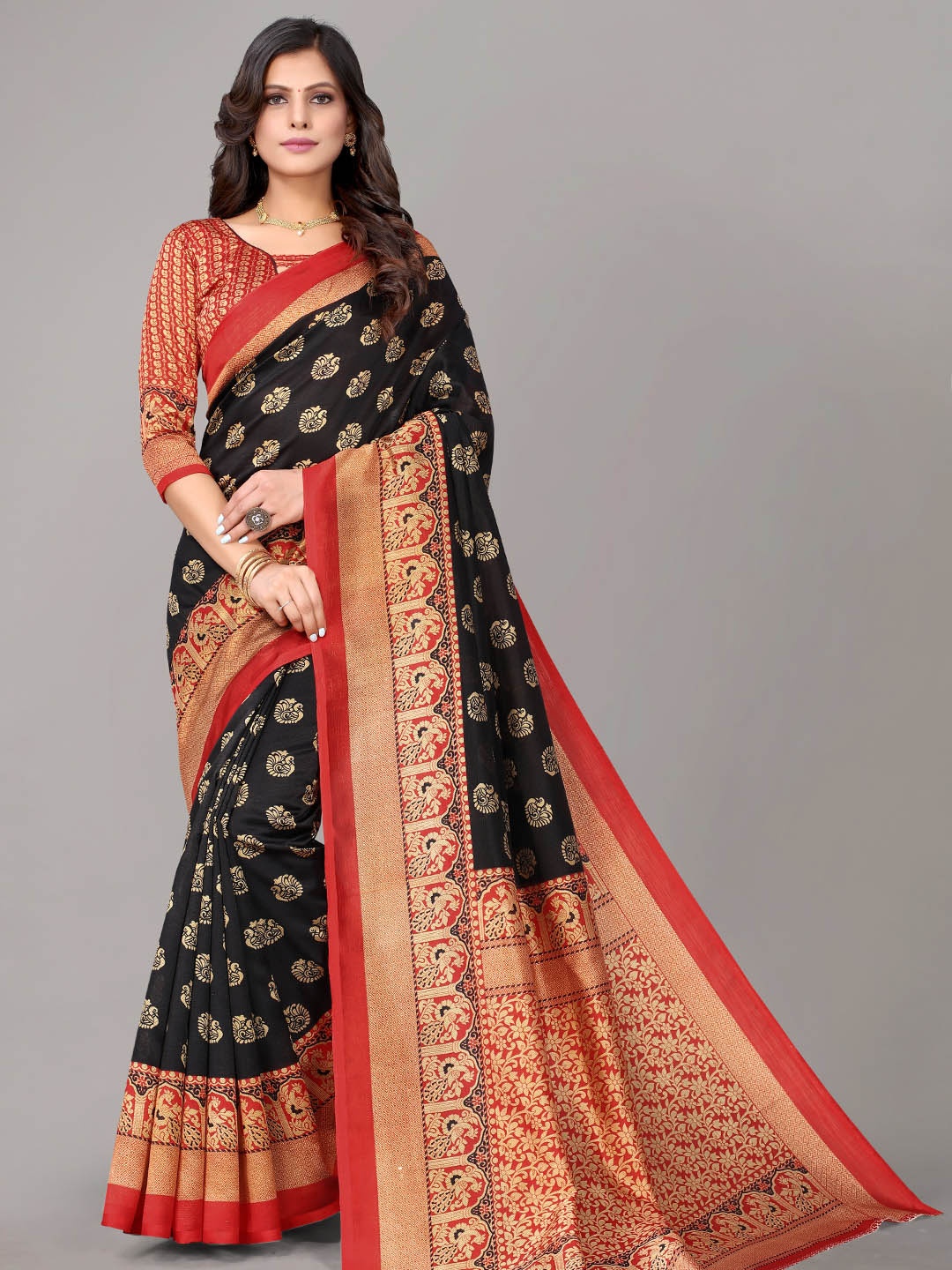 

KALINI Floral Art Silk Saree, Black