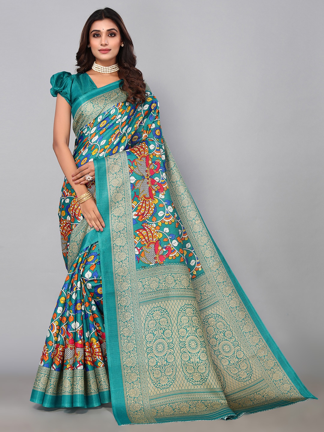 

KALINI Kalamkari Zari Art Silk Saree, Green