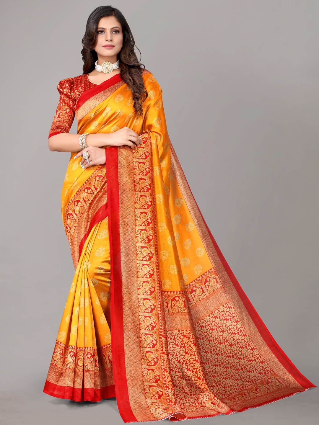 

KALINI Floral Art Silk Saree, Mustard