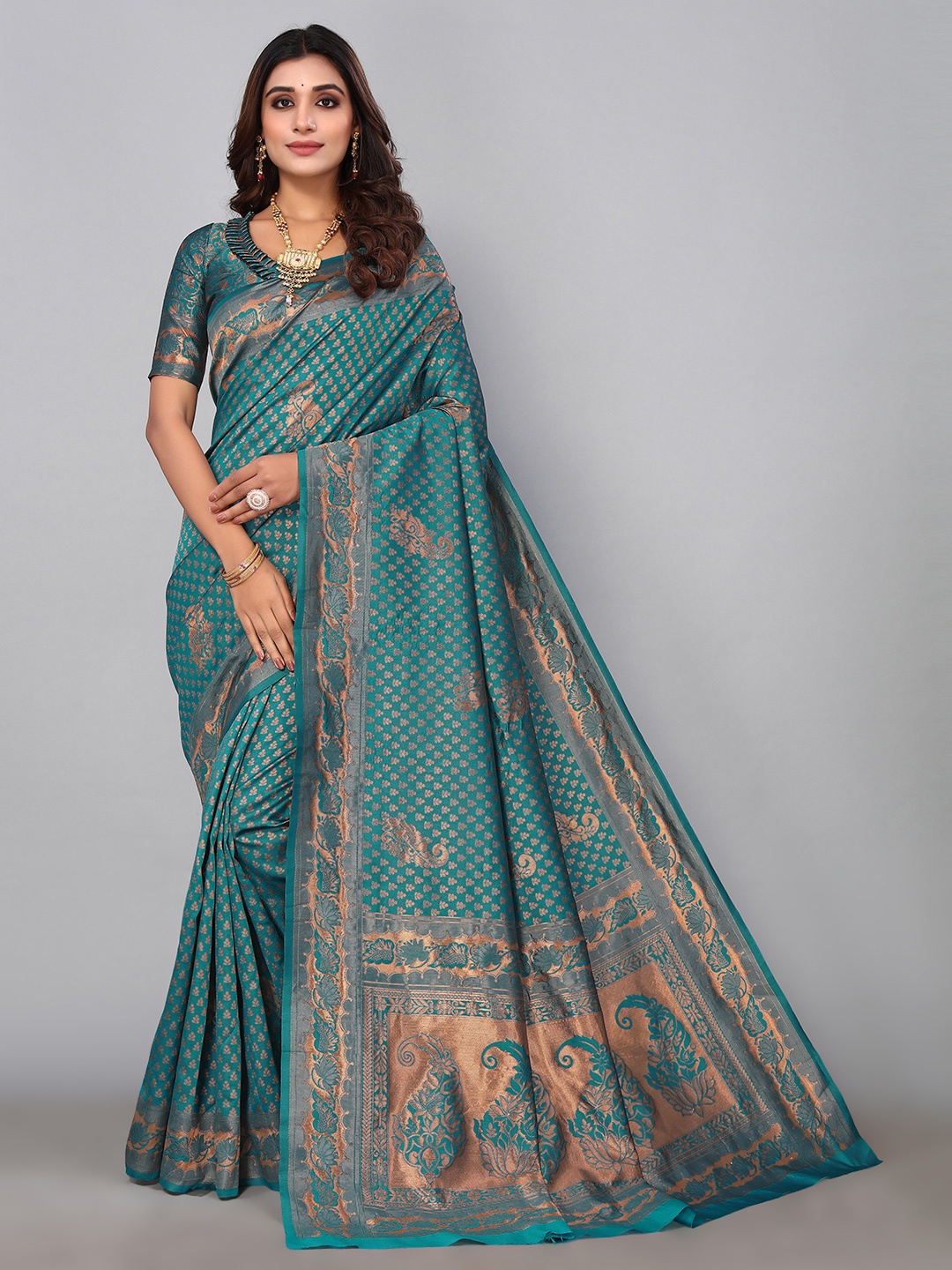

KALINI Woven Design Zari Saree, Teal