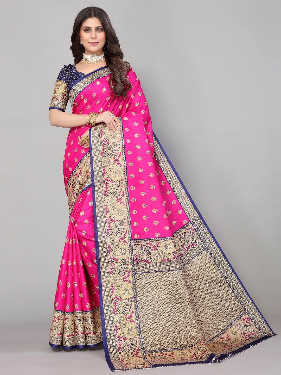 

KALINI Floral Printed Art Silk Saree, Pink