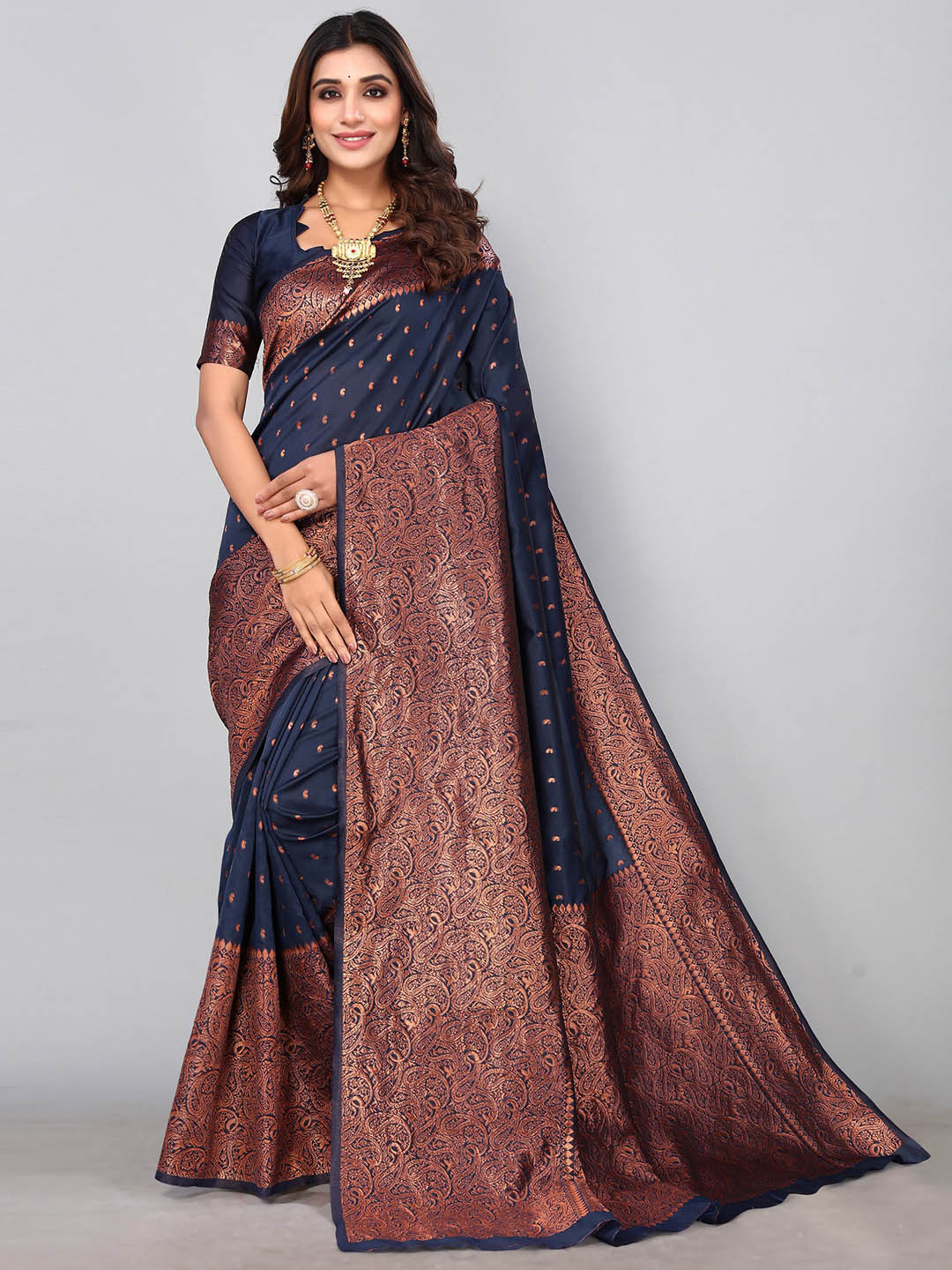 

KALINI Woven Design Zari Saree, Navy blue