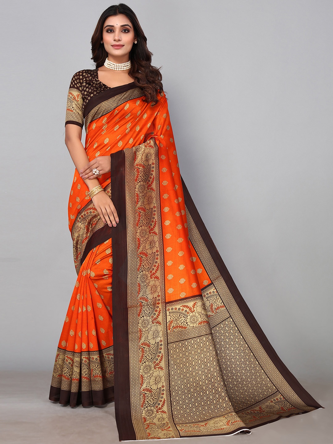 

KALINI Ethnic Motifs Printed Zari Saree, Orange