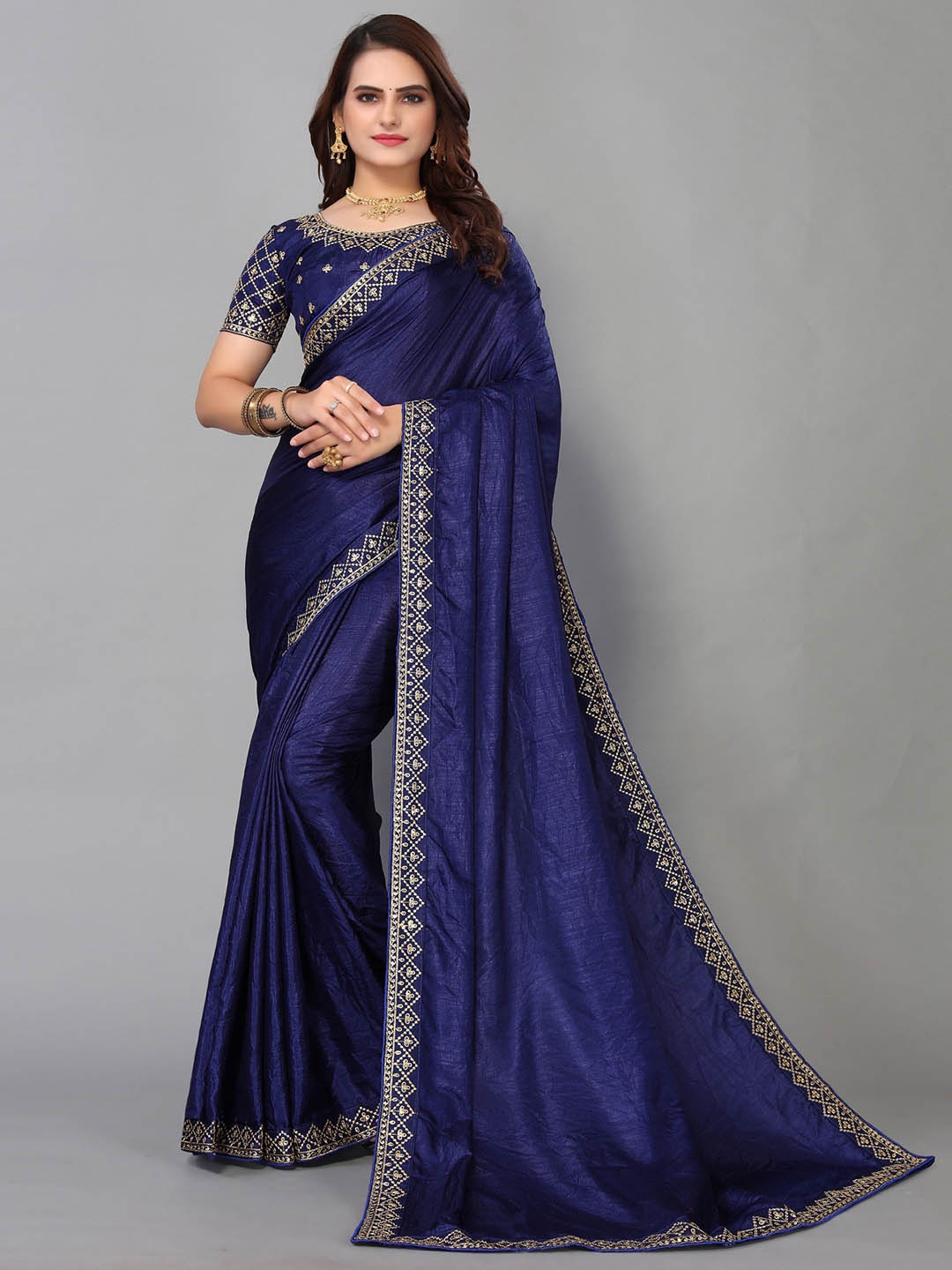 

KALINI Embroidered Border Saree With Blouse Piece, Navy blue