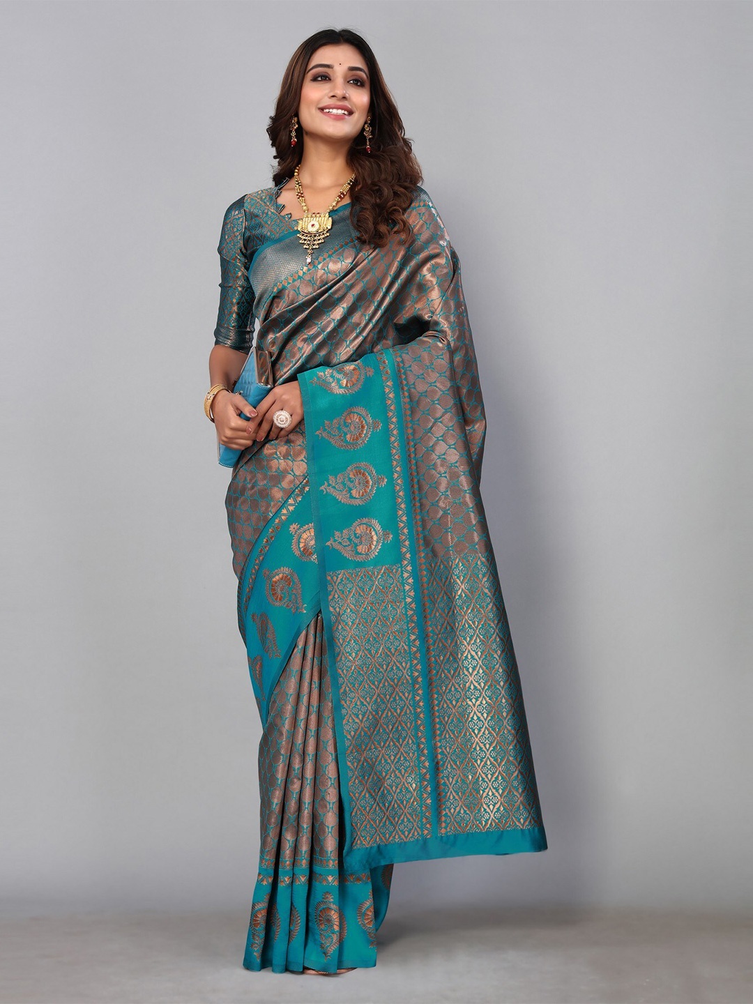 

KALINI Woven Design Zari Silk Blend Saree, Teal
