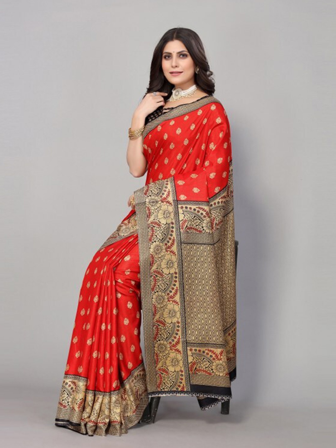 

KALINI Floral Art Silk Saree, Red