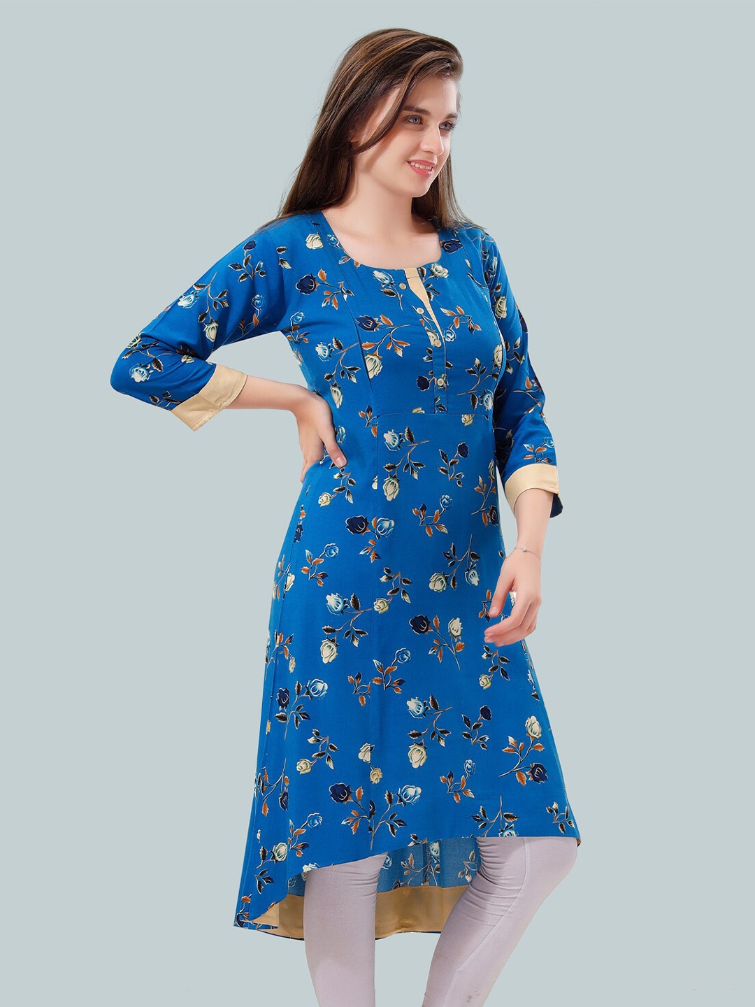 

Be You Floral Printed Round Neck Maternity A-Line Kurta, Navy blue