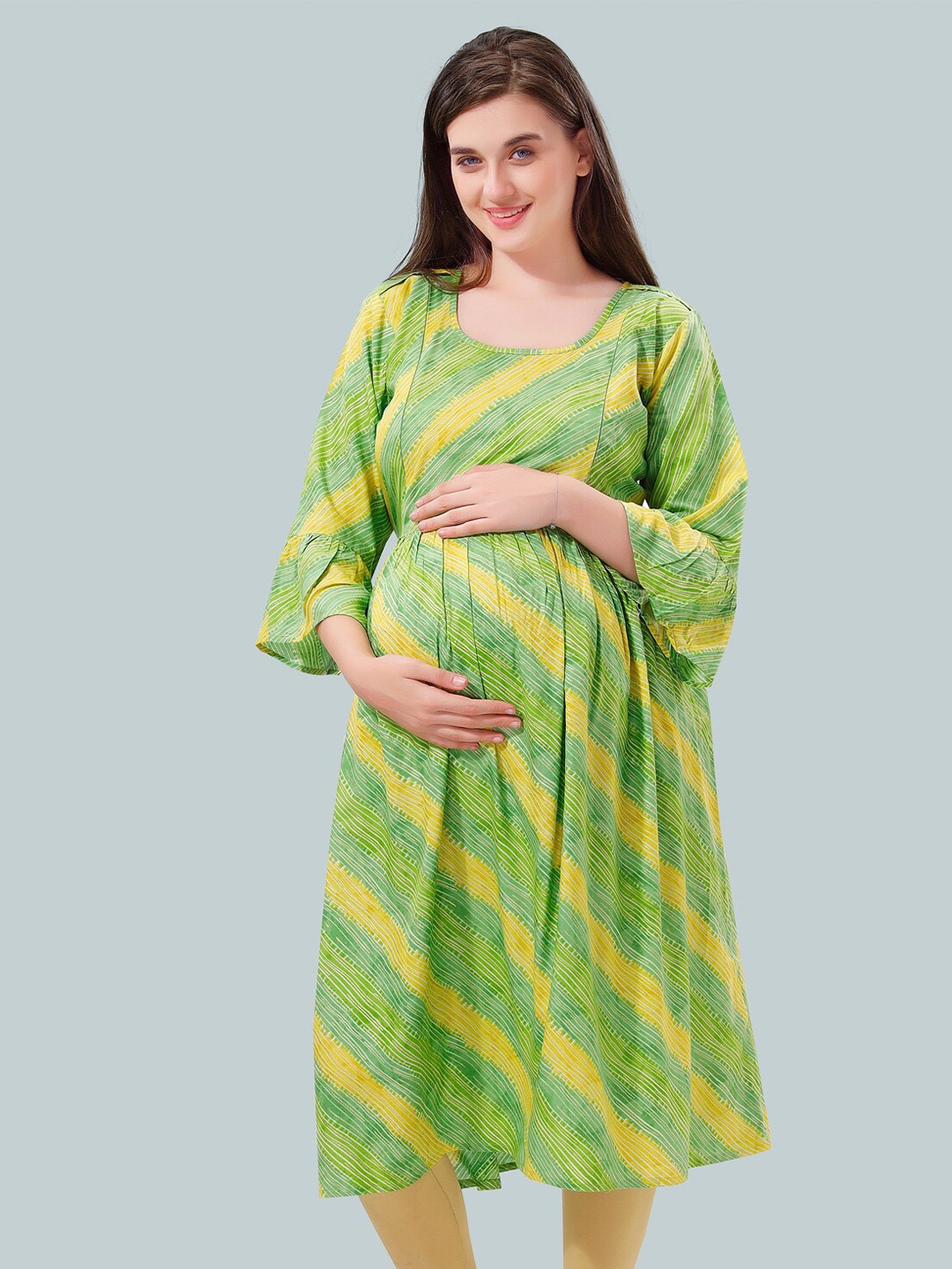 

Be You Women Striped Bell Sleeves Maternity Kurta, Green