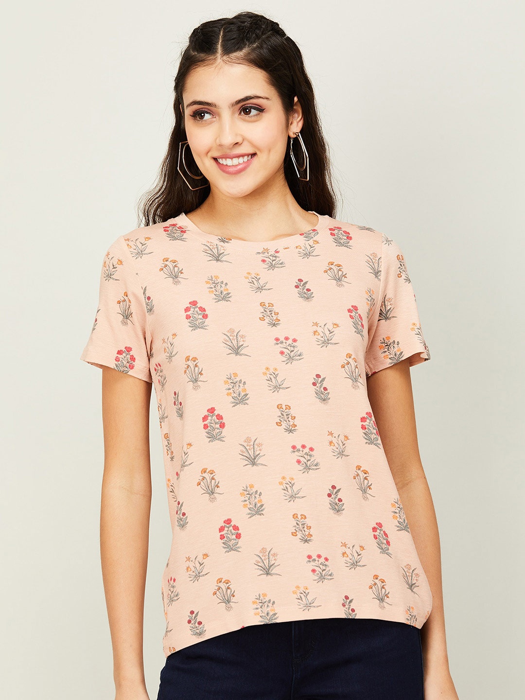 

Colour Me by Melange Women Floral Printed T-shirt, Peach