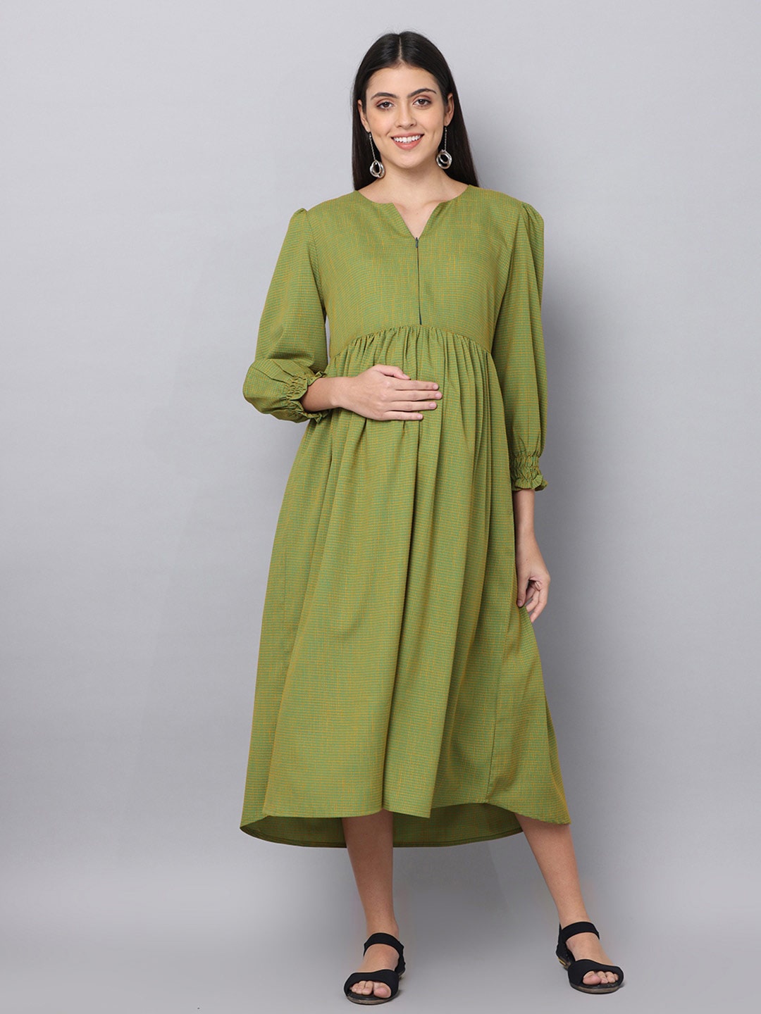 

The Mom Store Checked Maternity A-Line Midi Cotton Dress, Green