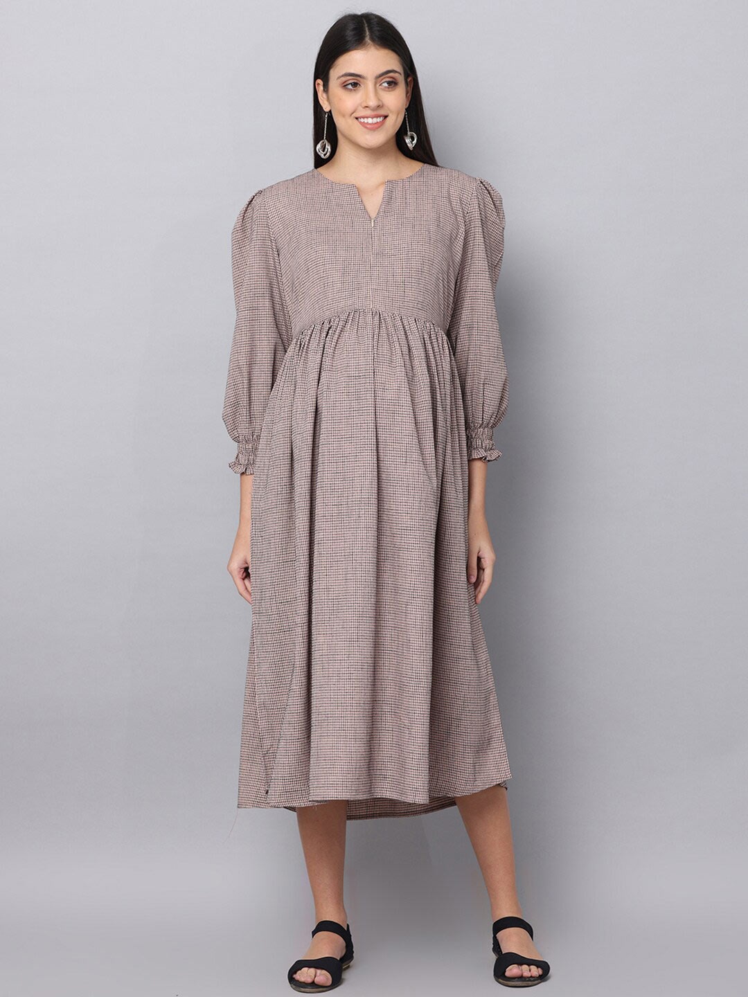 

The Mom Store Checked Maternity Ethnic Midi Cotton Dress, Beige