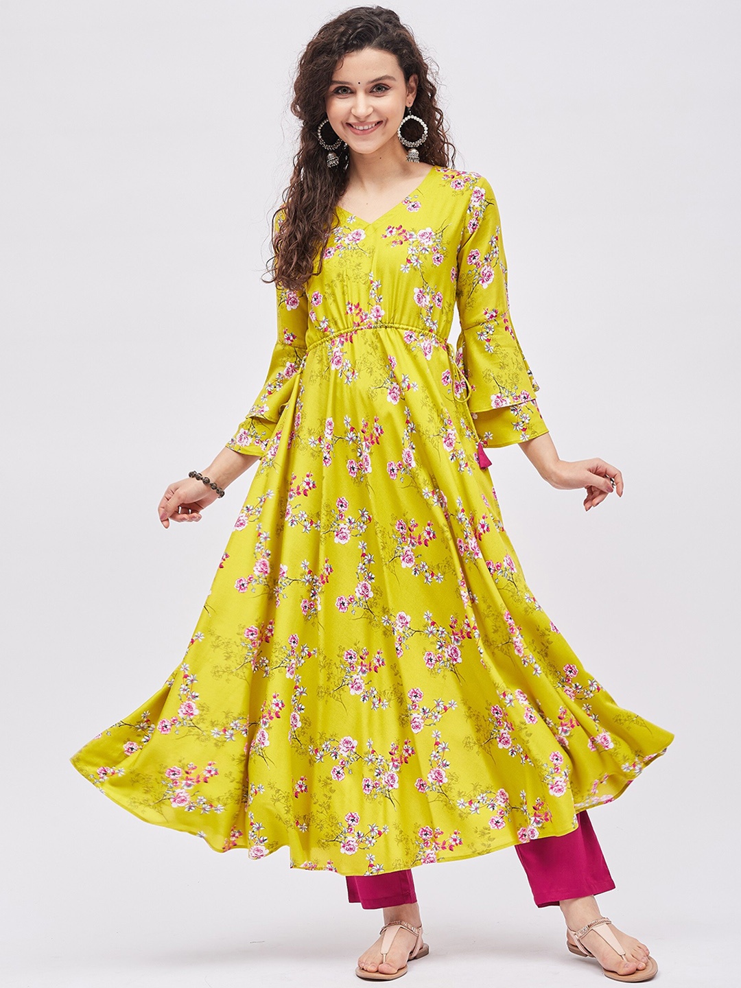 

Tissu Plus Size Floral Printed Flared Sleeves Floral Anarkali Kurta, Green