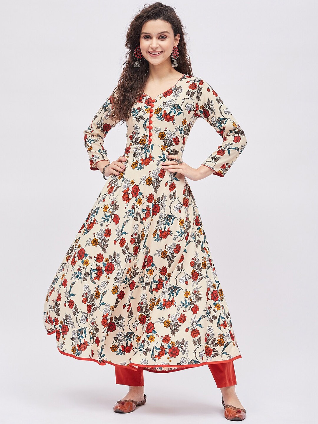 

Tissu Plus Size Floral Printed Floral Anarkali Kurta, Cream