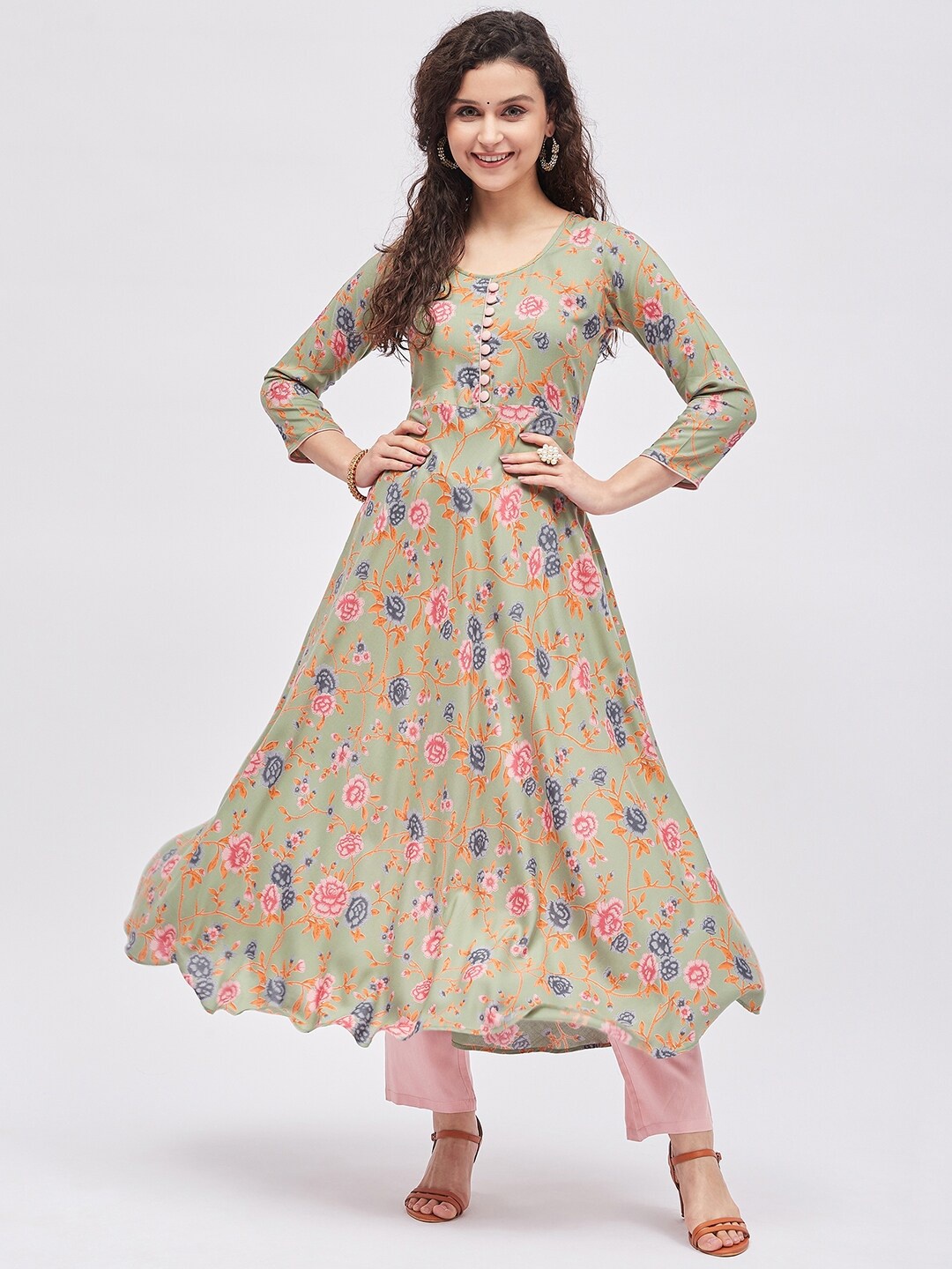 

Tissu Women Floral Printed Anarkali Kurta, Green