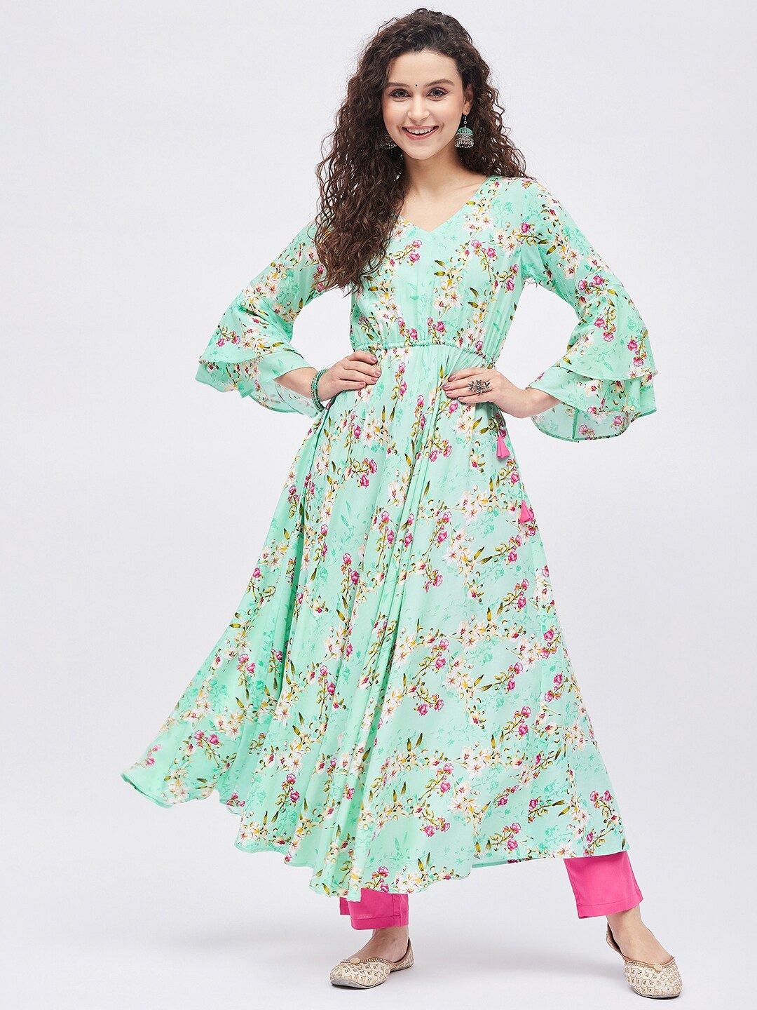 

Tissu Floral Printed Bell Sleeves Anarkali Kurta, Green