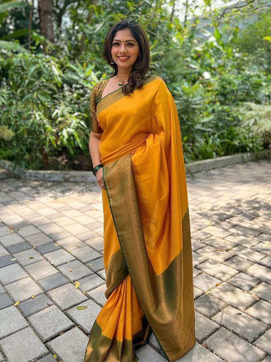 

TIEXA Ethnic Motif Woven Design Zari Pure Silk Banarasi Saree, Mustard