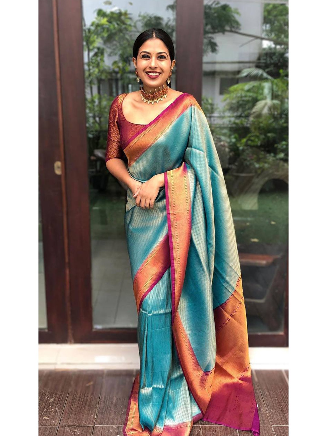 

TIEXA Ethnic Motif Woven Design Zari Pure Silk Banarasi Saree, Turquoise blue