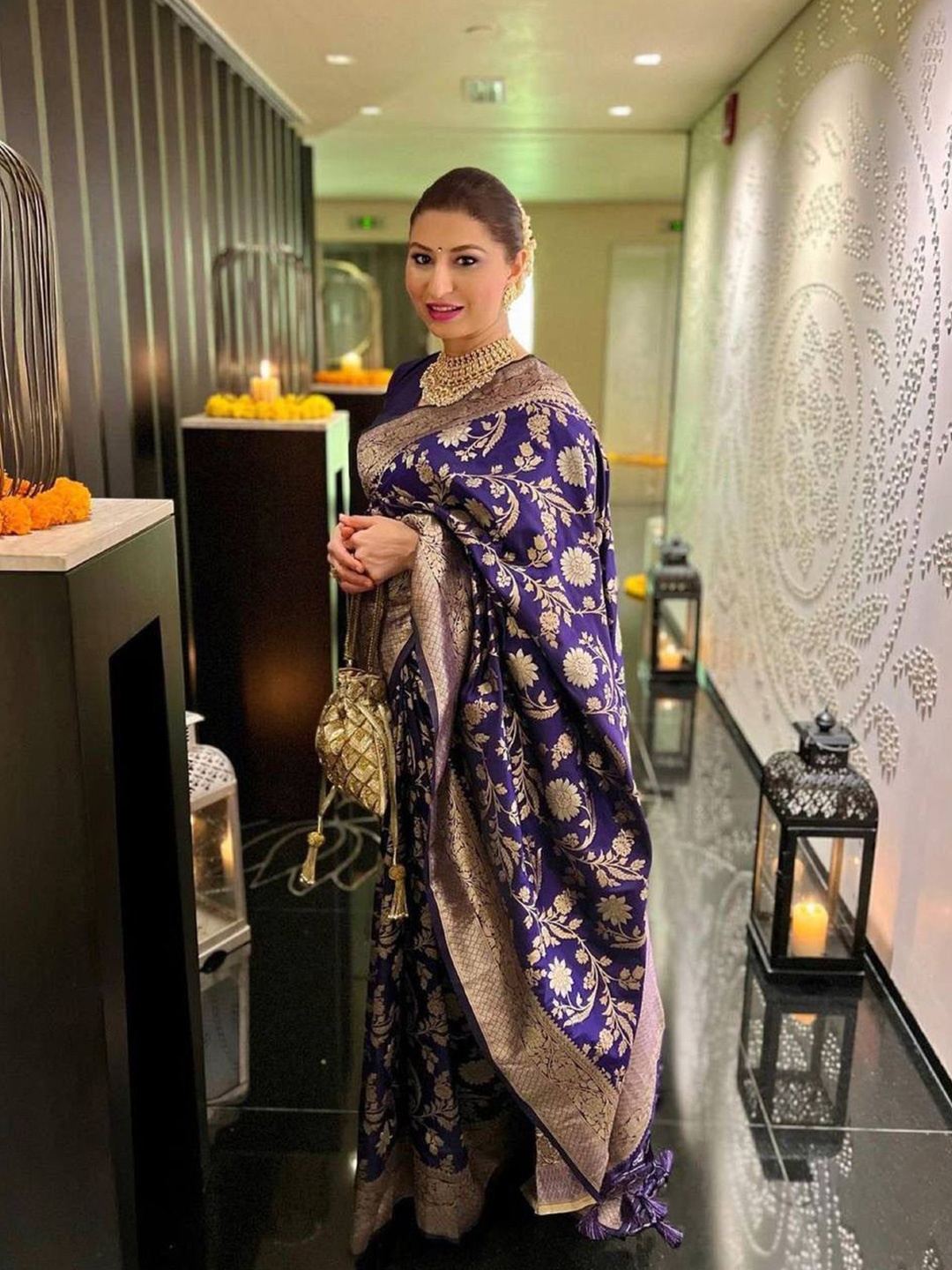 

TIEXA Ethnic Motif Woven Design Zari Pure Silk Banarasi Saree, Blue