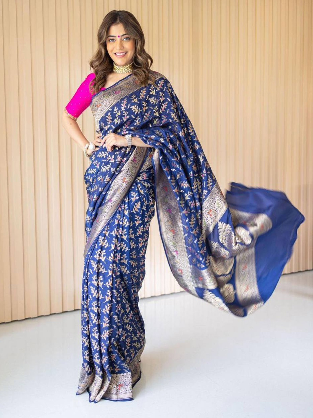

TIEXA Ethnic Motif Woven Design Zari Pure Silk Banarasi Saree, Blue