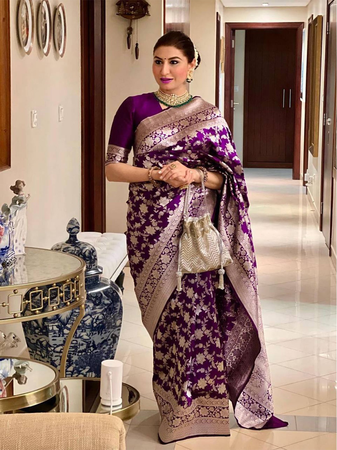 

TIEXA Ethnic Motif Woven Design Zari Pure Silk Banarasi Saree, Purple