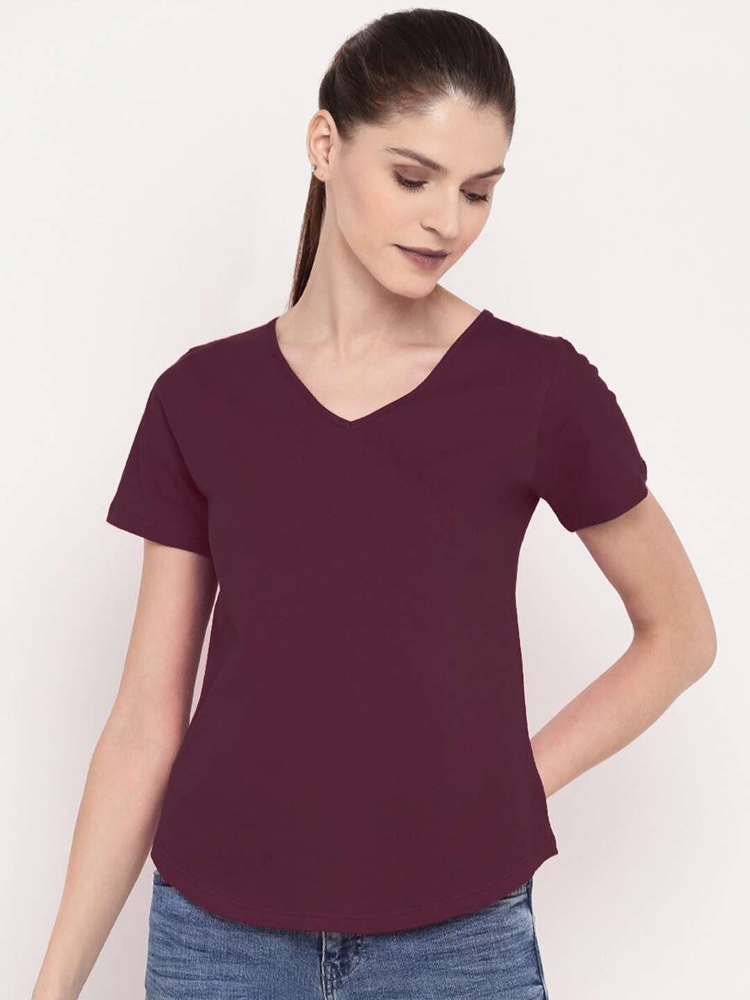 

A.T.U.N. Women V-Neck Cotton T-shirt, Burgundy