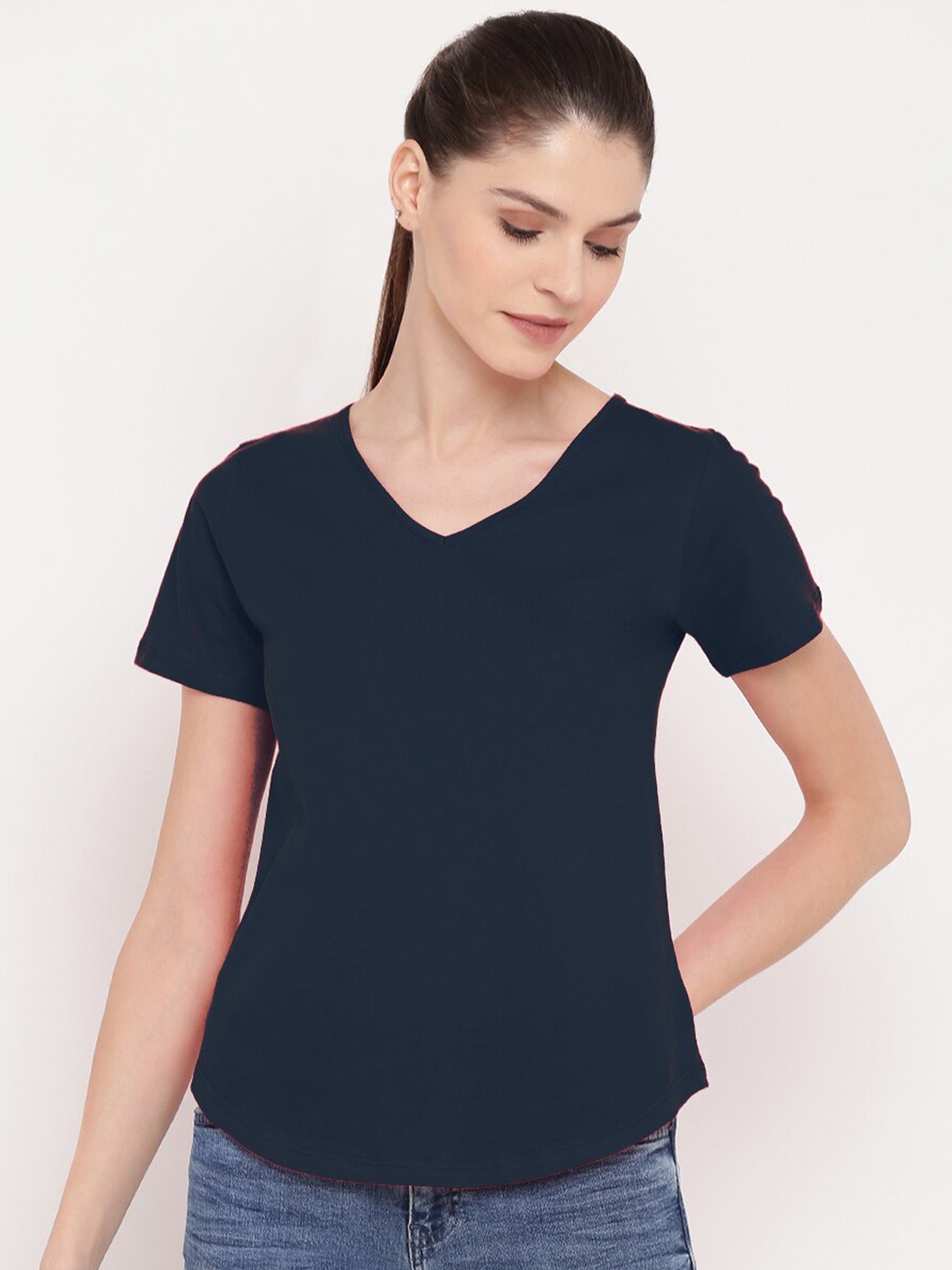 

A.T.U.N. Women Regular V-Neck Cotton T-shirt, Navy blue