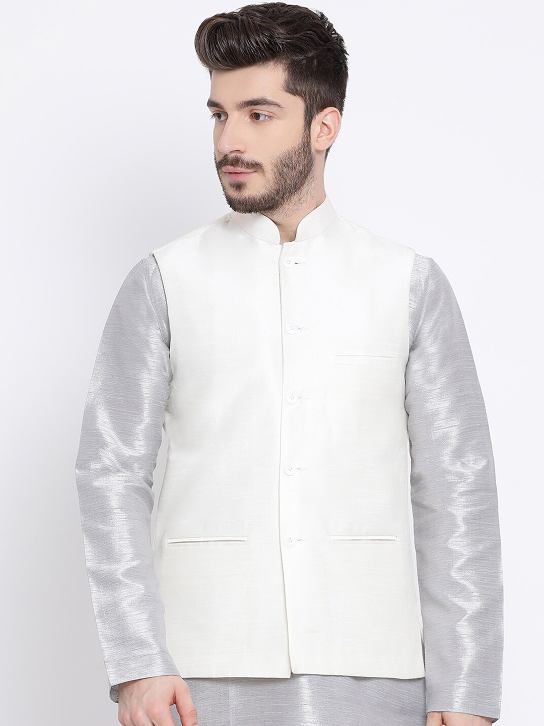 

NAMASKAR Men Mandarin Collar Dupion Silk Kurta with Churidar & Nehru Jacket, Silver