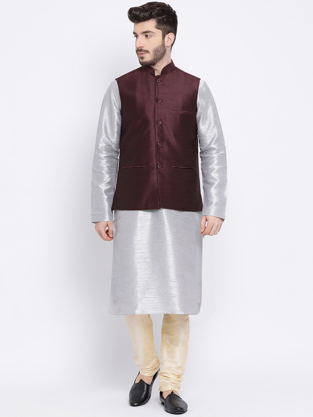 

NAMASKAR Men Dupion Silk Kurta with Churidar & Nehru Jacket, Silver
