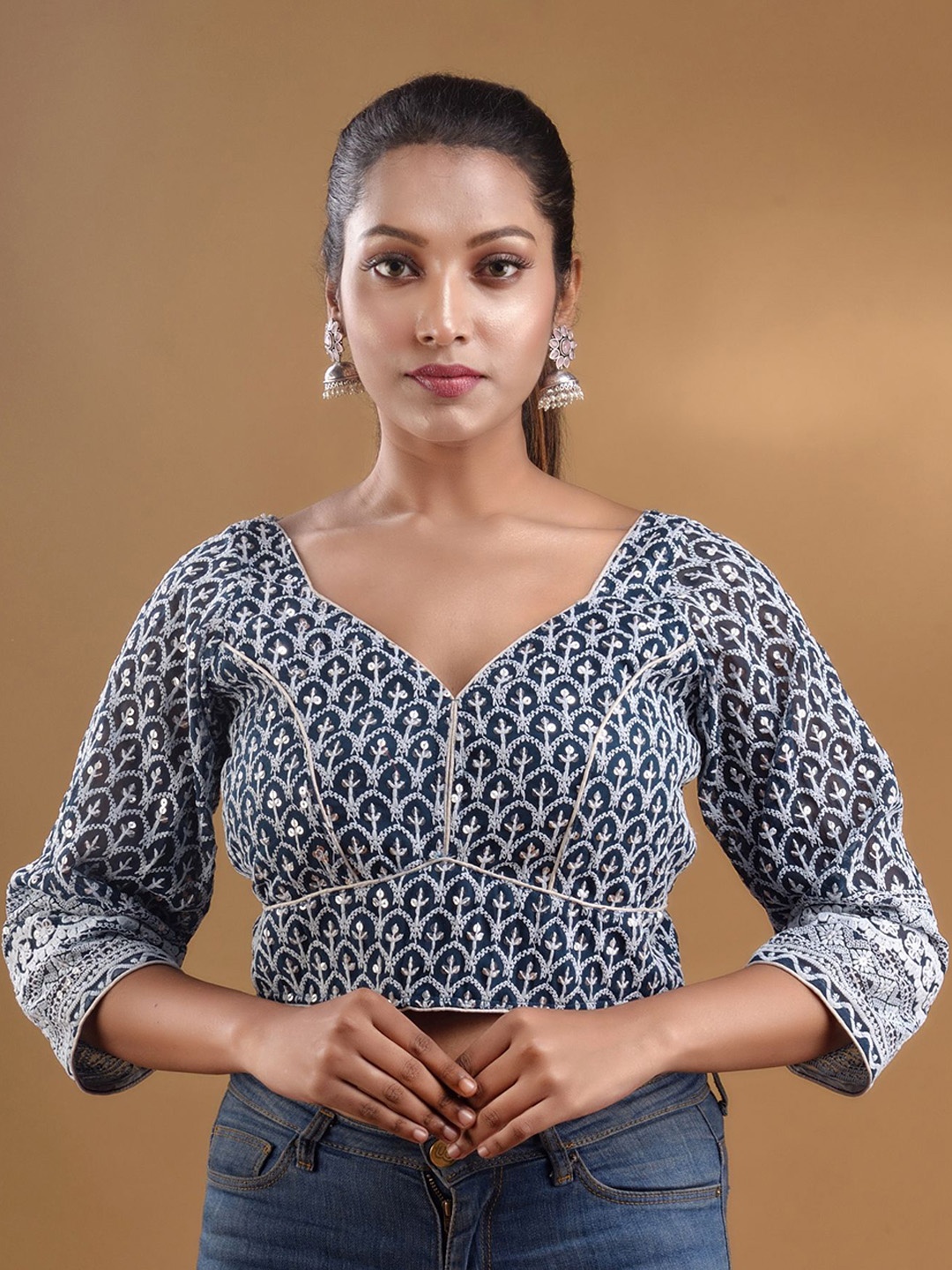 

Charukriti Embroidered Sequined Saree Blouse, Charcoal
