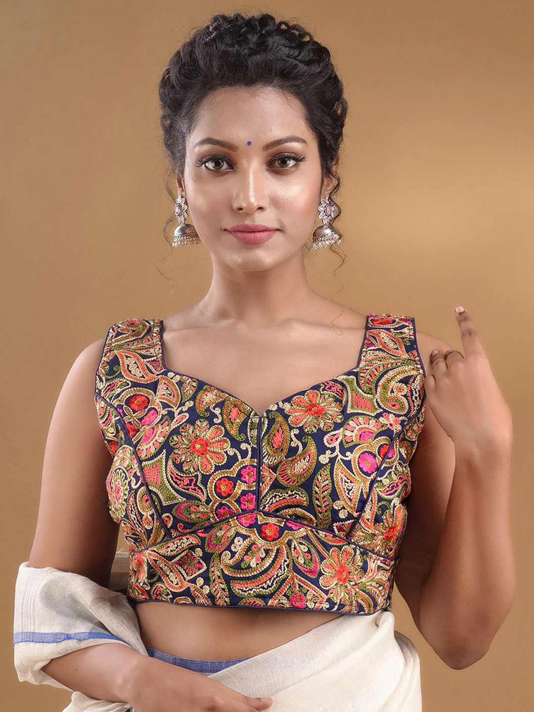 

Charukriti Embroidered Saree Blouse, Navy blue