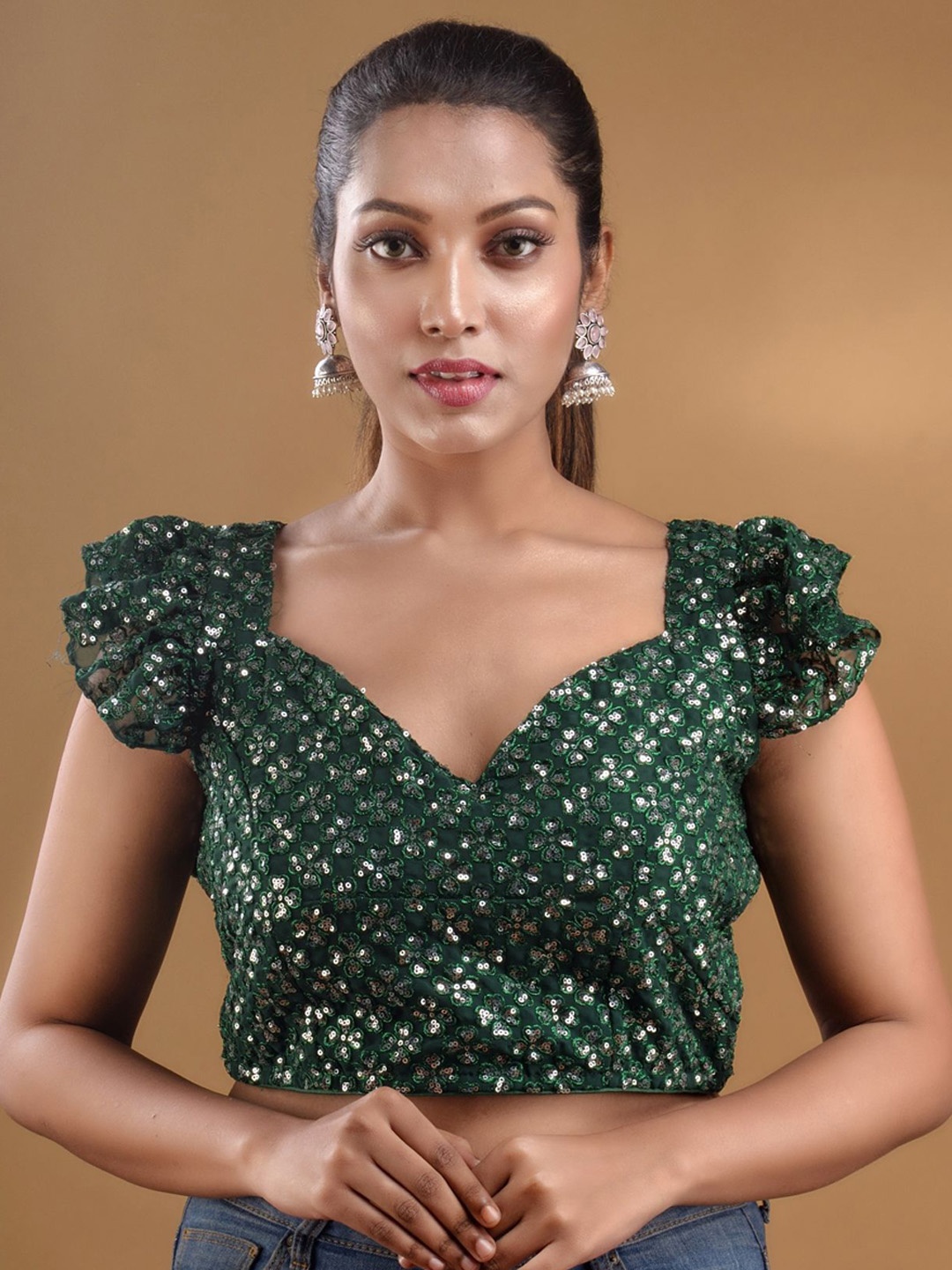 

Charukriti Embellished Ruffled Georgette Saree Blouse, Green
