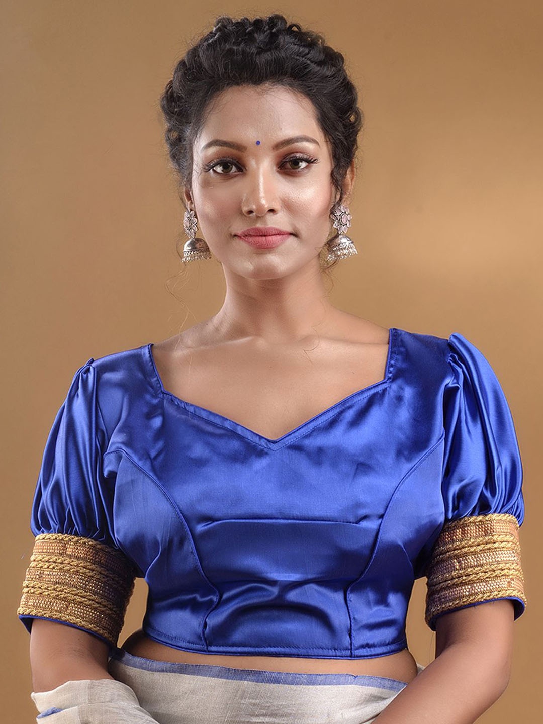 

Charukriti Lace Detailing Puff Sleeves Saree Blouse, Blue