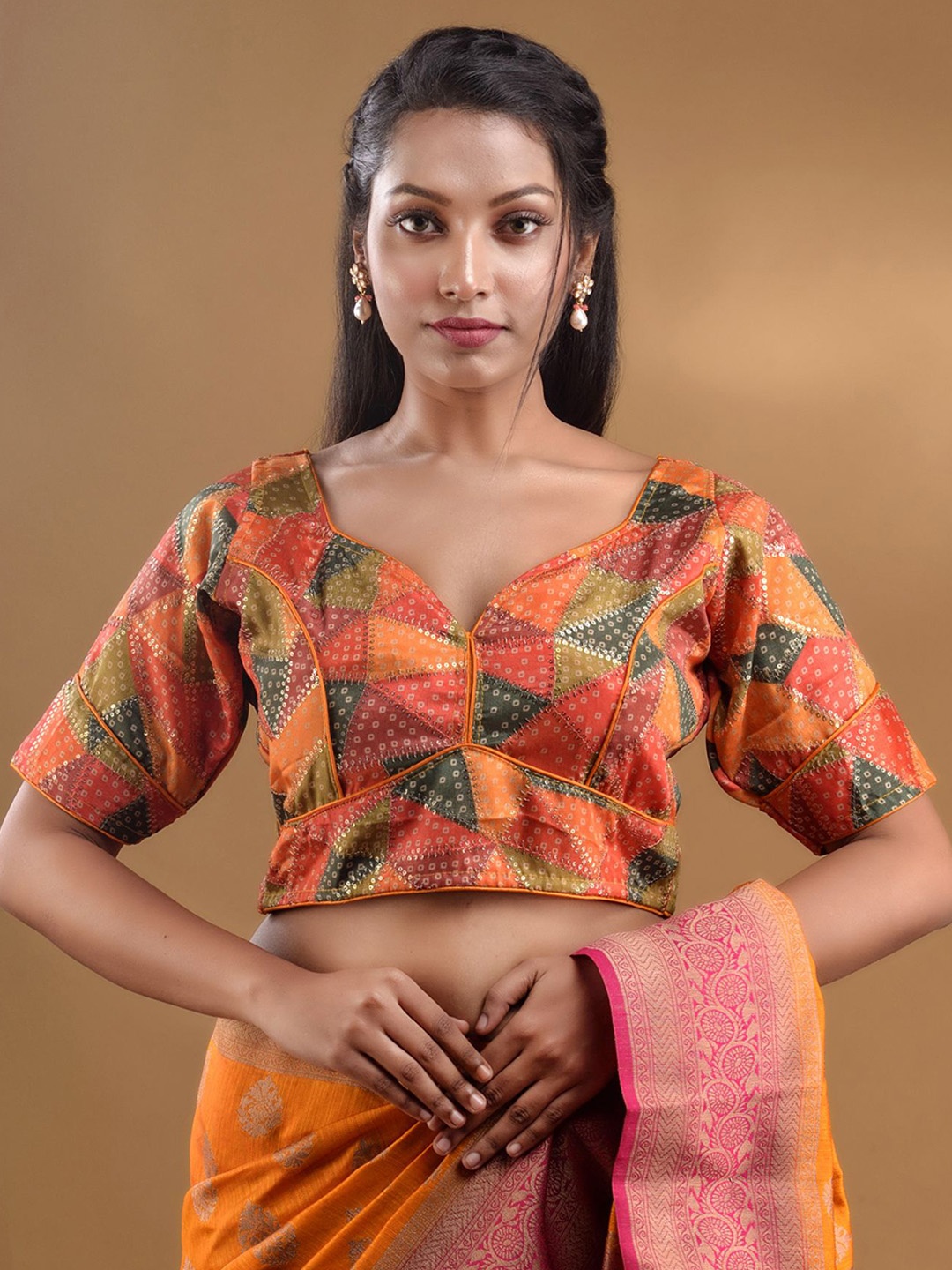 

Charukriti Bandhani Printed Sequined Sweetheart Neck Saree Blouse, Orange