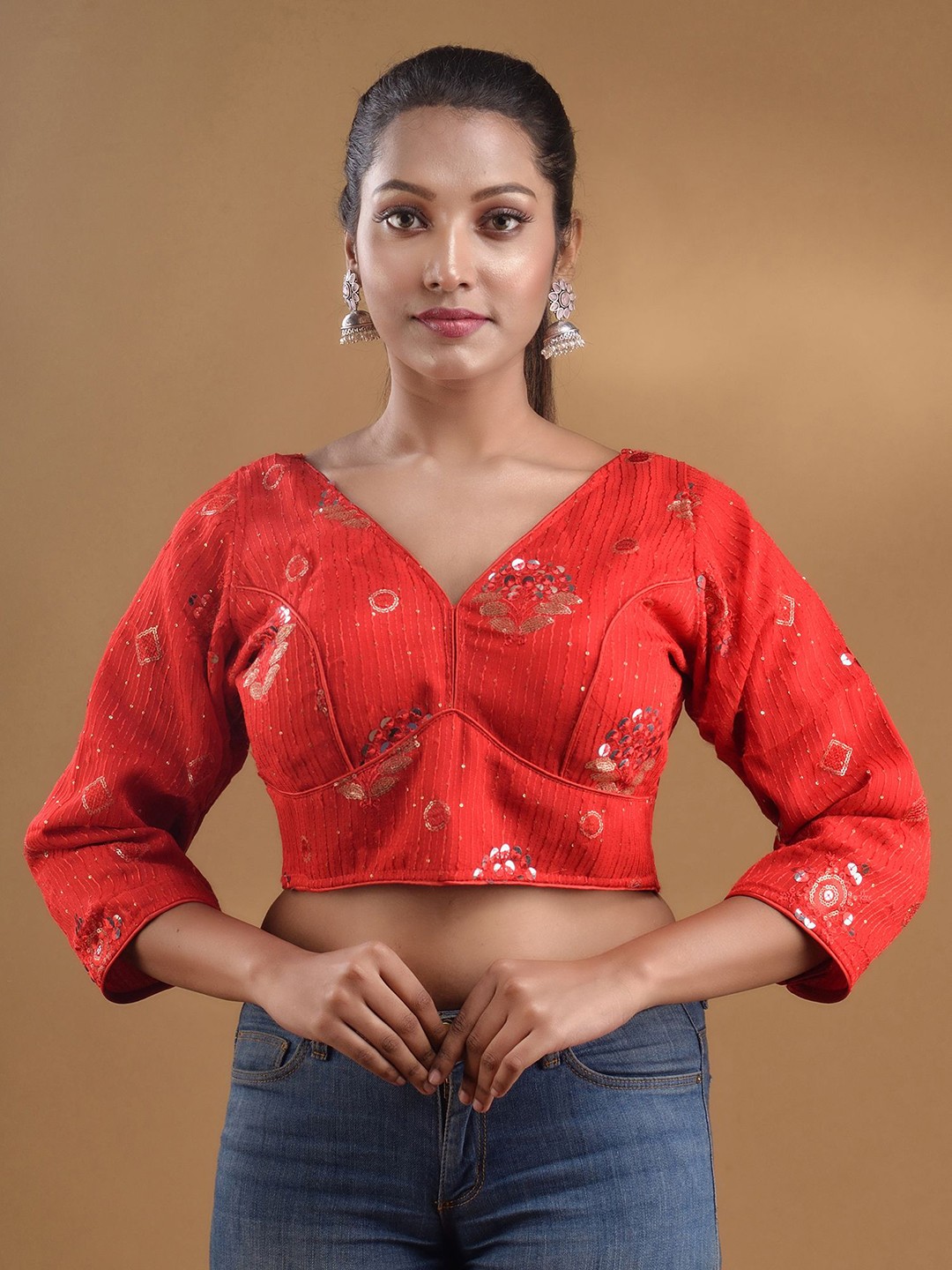 

Charukriti Embroidered Sequined V-Neck Saree Blouse, Red