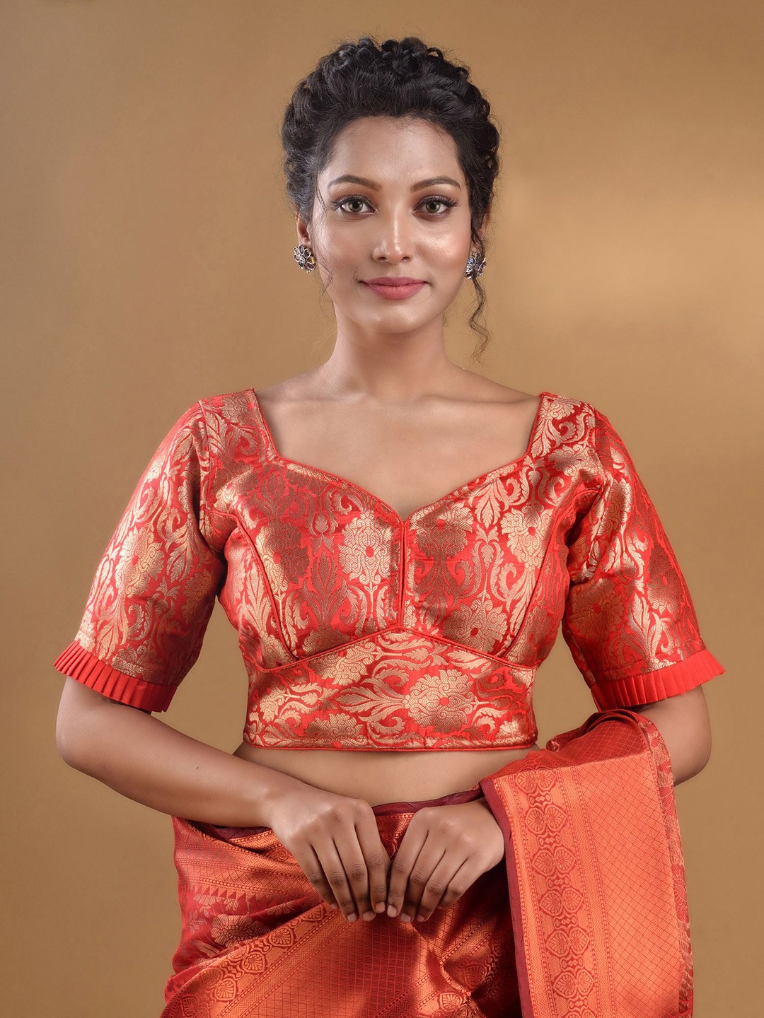 

Charukriti Woven Design Zari Sweetheart Neck Saree Blouse, Red