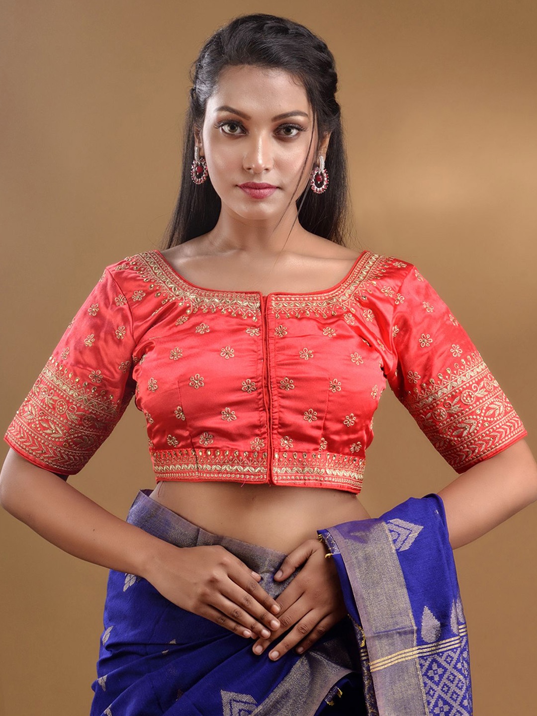 

Charukriti Embroidered Boat Neck Short Sleeves Saree Blouse, Red