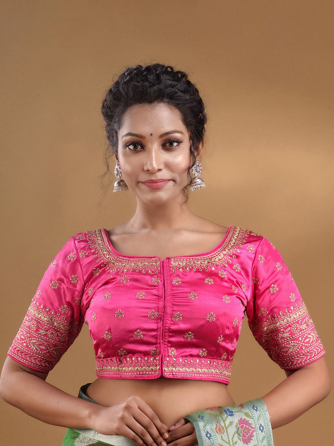 

Charukriti Embroidered Short Sleeves Saree Blouse, Fuchsia