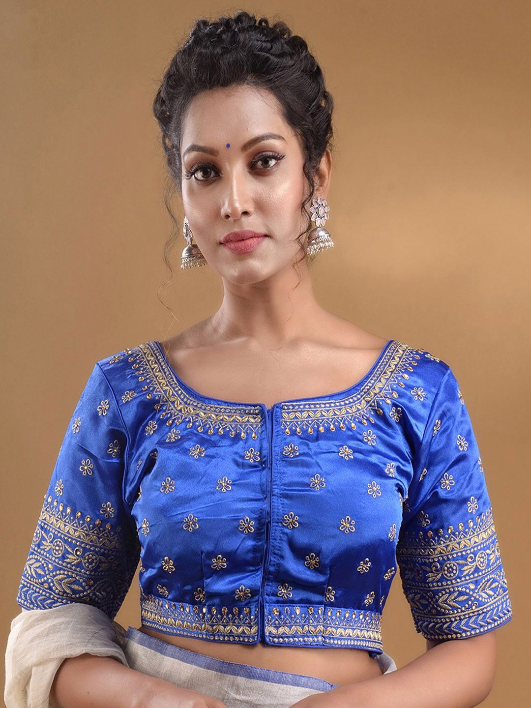 

Charukriti Embroidered Short Sleeves Saree Blouse, Navy blue