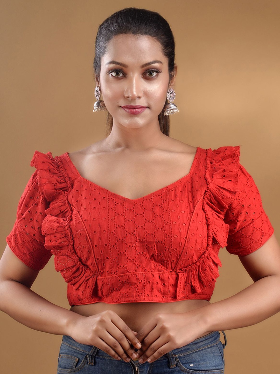 

Charukriti Embroidered Schiffli Sweetheart Neck Cotton Ruffles Crop Top, Red