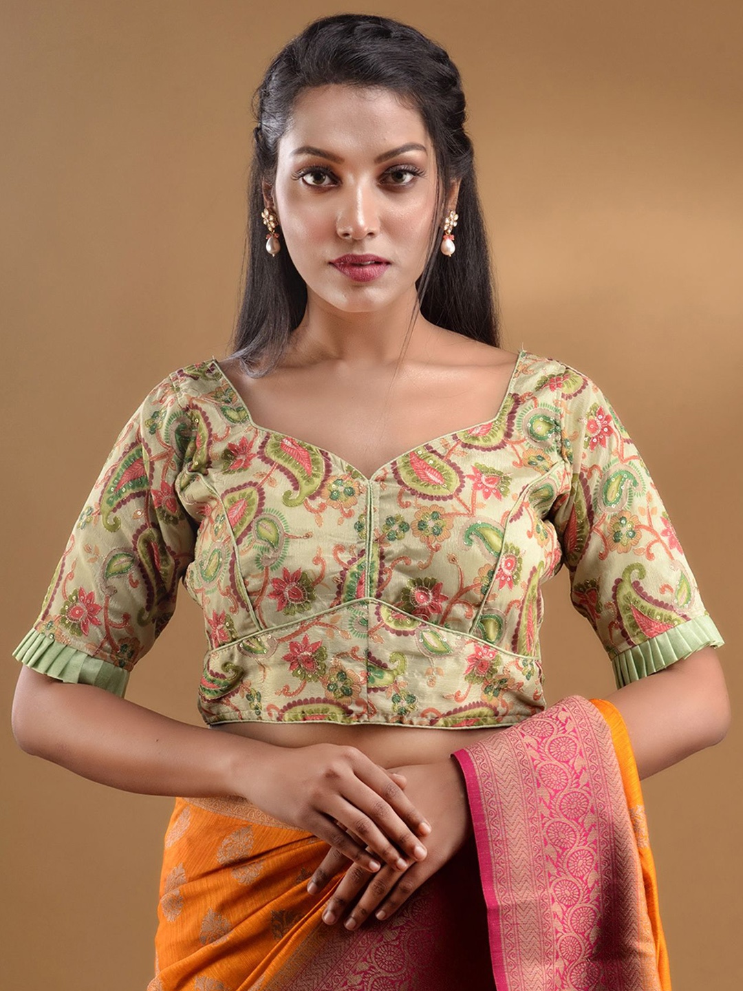 

Charukriti Embroidered Georgette Sweetheart Neck Saree Blouse, Green